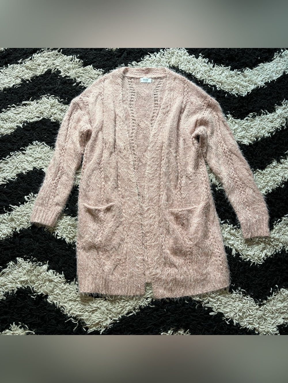 Bluivy Youth Contemporary Dusty Pink Fuzzy Feathered Open Front Cardigan